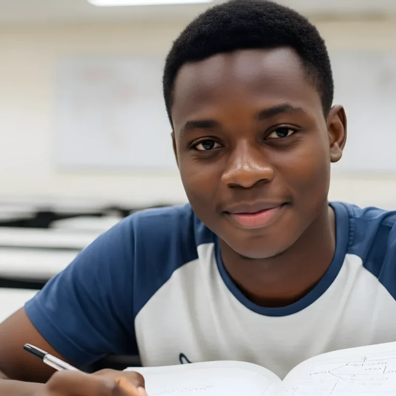 Smiling student taking notes in a bright classroom, open notebook and pen at desk